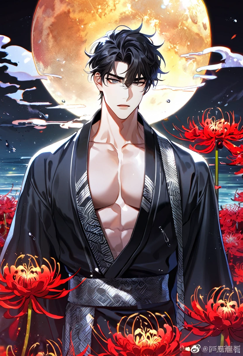 (absurdres, highres, ultra detailed, HDR) master piece, best quality, perfect face, delicated features, Yoo Joonghyuk, black hair, expressive gray eyes, Omniscient reader's viewpoint, solo, sexy man, handsome, toned chest, black kimono with accessories, patterns, red spider lilies, water, magical moon