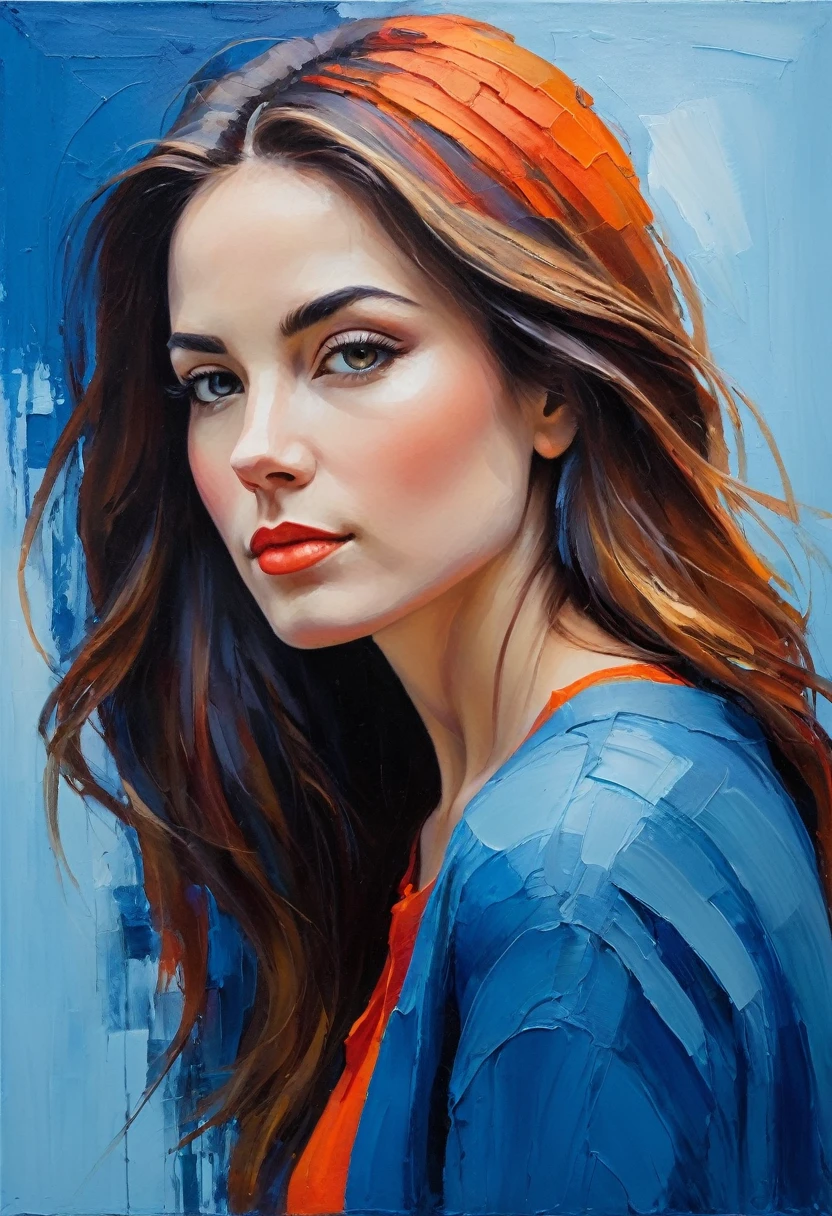 Create a serene profile portrait with the subject facing left. Use a vibrant color palette of blues, reds, and oranges. The background should be minimalistic in cool blue tones. Employ bold, visible brush strokes and the impasto technique for texture. Blend realism with abstraction, emphasizing strong contrasts and dynamic color blocking. Aim for a modern, contemplative feel.