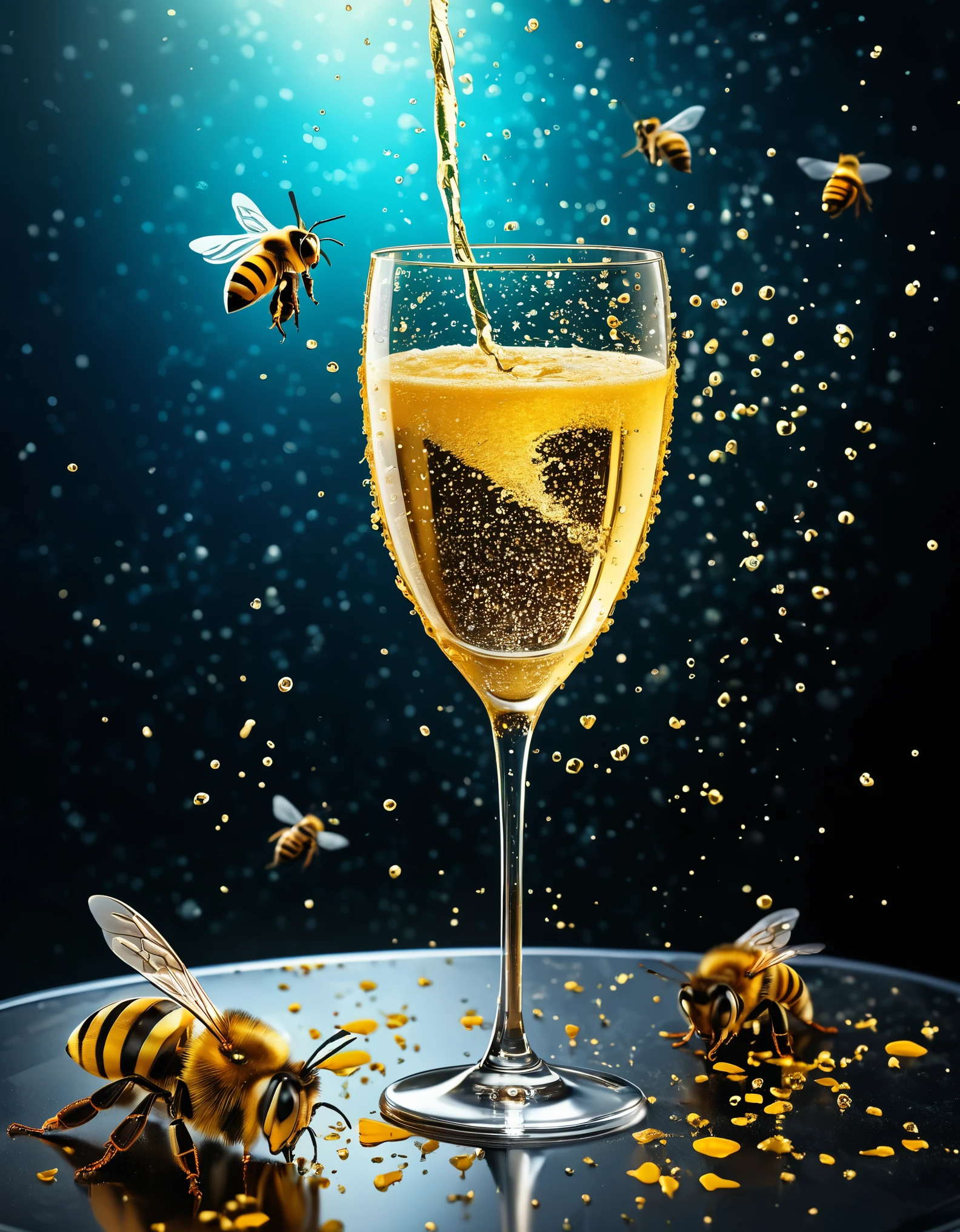 Photorealistic, ultra-detailed, exquisite scene, still life photography, champagne glass, futuristic elements (bees in a dress and a spaceship), dramatic splashes, professional composition, Citrinitas color theme, high-resolution image, best quality, intricate details, sharp focus, detailed textures, detailed glass and champagne, realistic skin texture, professional post-processing, maximum details, roughness, real life, ultra-realistic, photorealism, photography, 8k UHD, photography, a touch of surrealism.