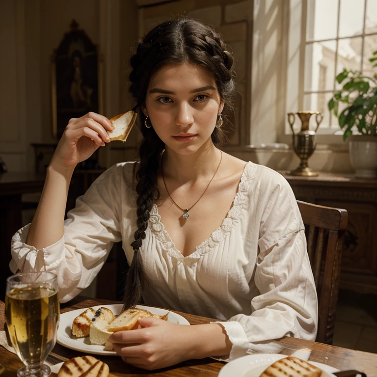 best quality, masterpiece,Black hair, Black eyes,White clothes,Hair,White skin,Side Braid,Braided hair,Extremely beautiful face,Medieval style,14th century,princess,Perfect body,High nose,indoors,In the castle bedroom,Sit at the table and eat,white wine,Grilled fish,Butter Bread,Rough Cake,detail,French woman,necklace,earrings,White nightgown,23 years old,Oil painting style,Neoclassicism