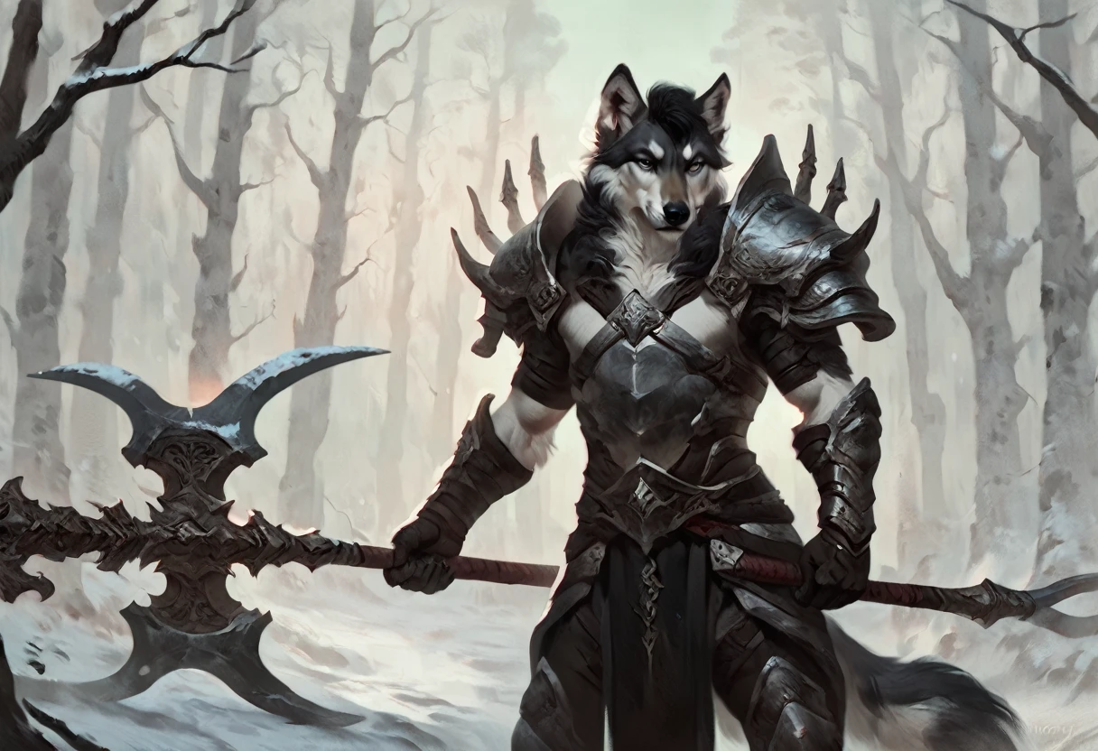 male white furred wolf, concept art, grey eyes, short black hair, standing, athletic, snowy forest, fantasy aesthetic, solo, dark ambience, lusty face, by honovy, light armor outfit, battleaxe, topless