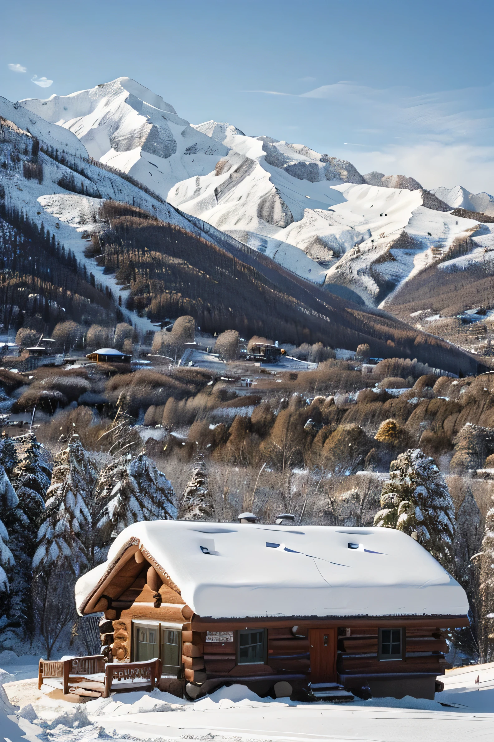 image a serene winter scene featuring a traditional log carbin nestled on the slopes of a beautiful, snow-coverd mountain. the cabin, made of rustic wooden logs