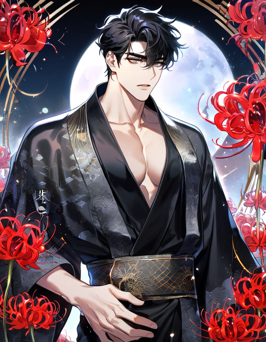 (absurdres, highres, ultra detailed, HDR) master piece, best quality, perfect face, delicated features, Yoo Joonghyuk, black hair, expressive gray eyes, Omniscient reader's viewpoint, solo, sexy man, handsome, toned chest, black kimono with accessories, patterns, red spider lilies, water, magical moon