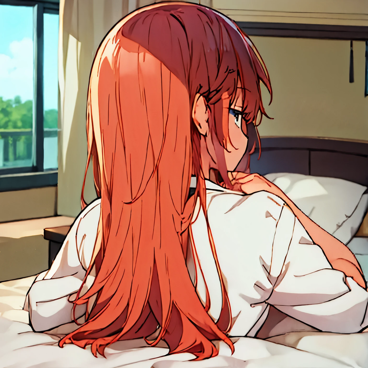 on the bed, rating_explicit, uncensored, source_anime, detailed eyes, Nausicaa, red hair, large breasts, round ass, nude, blowjob, fellatio, oral, penis, closed eyes, head grab, blush, cum, cum in mouth, 1boy, pov, solo focus