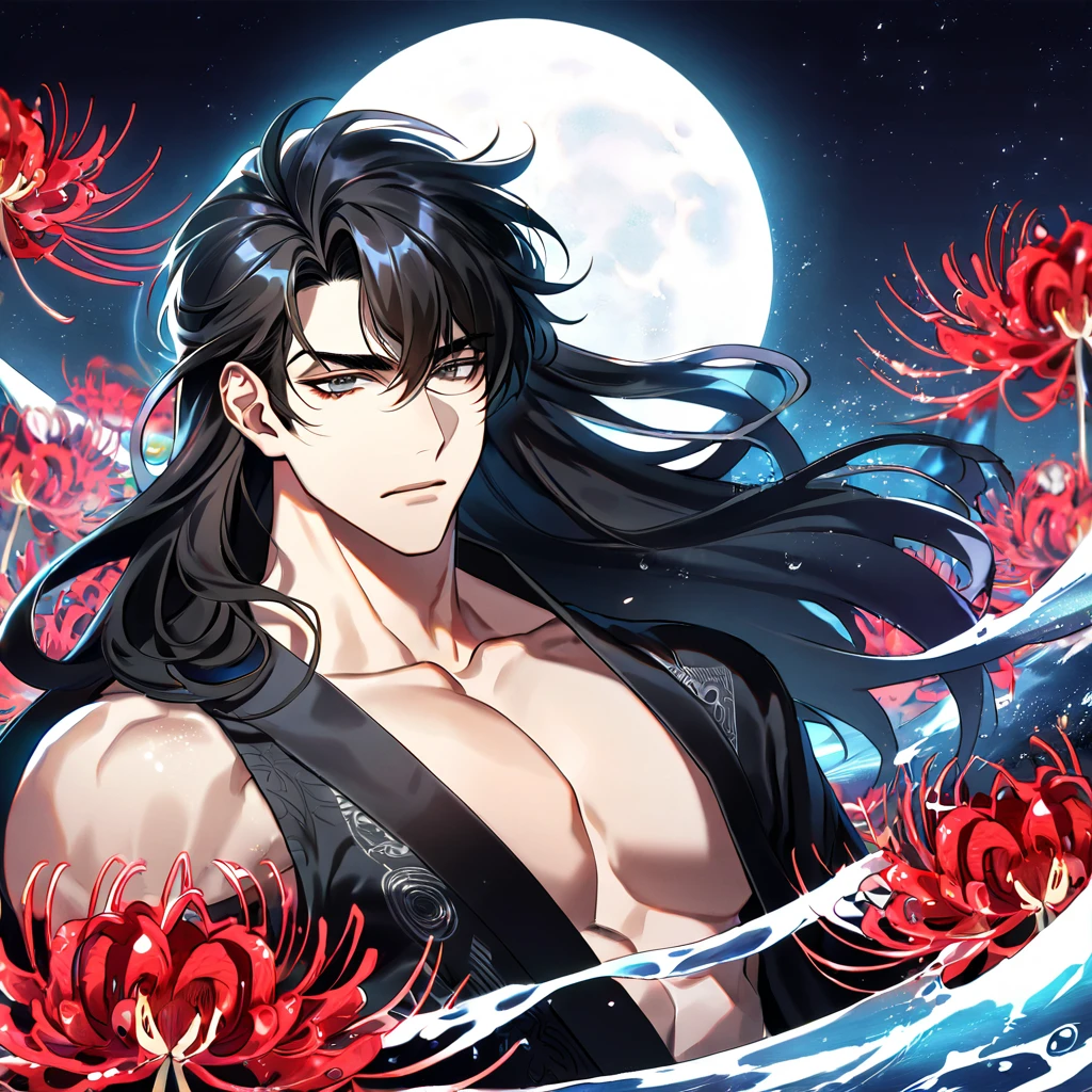 (absurdres, highres, ultra detailed, HDR) master piece, best quality, perfect face, delicated features, Yoo Joonghyuk with long hair, black hair, expressive gray eyes, Omniscient reader's viewpoint, solo, sexy man, handsome, toned chest, black kimono with accessories, patterns, red spider lilies, water, magical moon