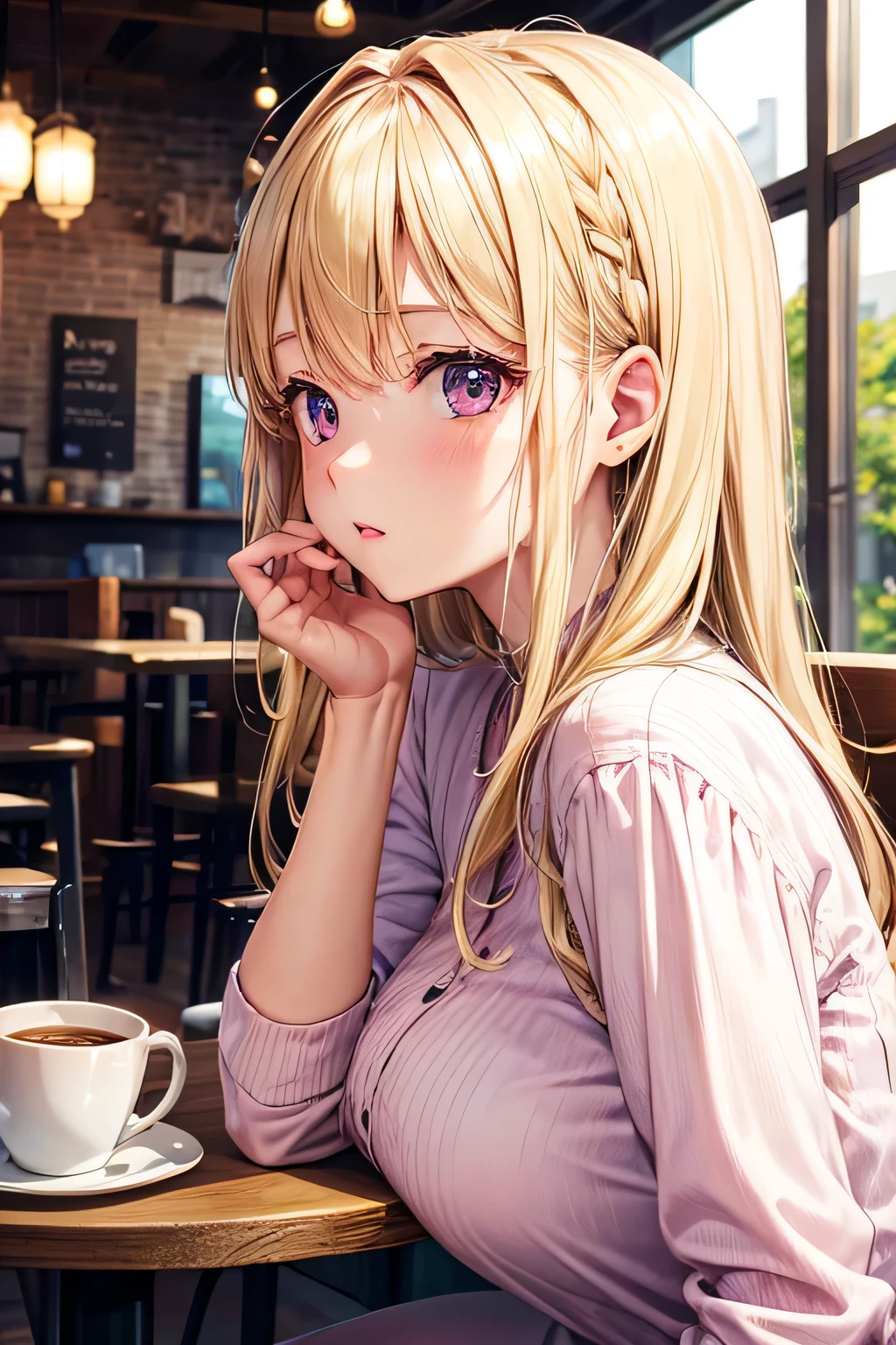 girl,cute blonde hair, pink eyes, at a cafe, interesting angle
