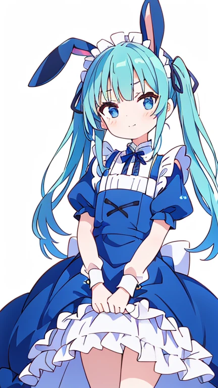 Little、High resolution、highest quality、masterpiece、Blue-green hair、Small twin tails、Bunny ears、Light blue eyes、smile、Maid clothes、A cute and sly expression、Little、Simple Background、Mini Characters、Little、Standing、Eye highlights