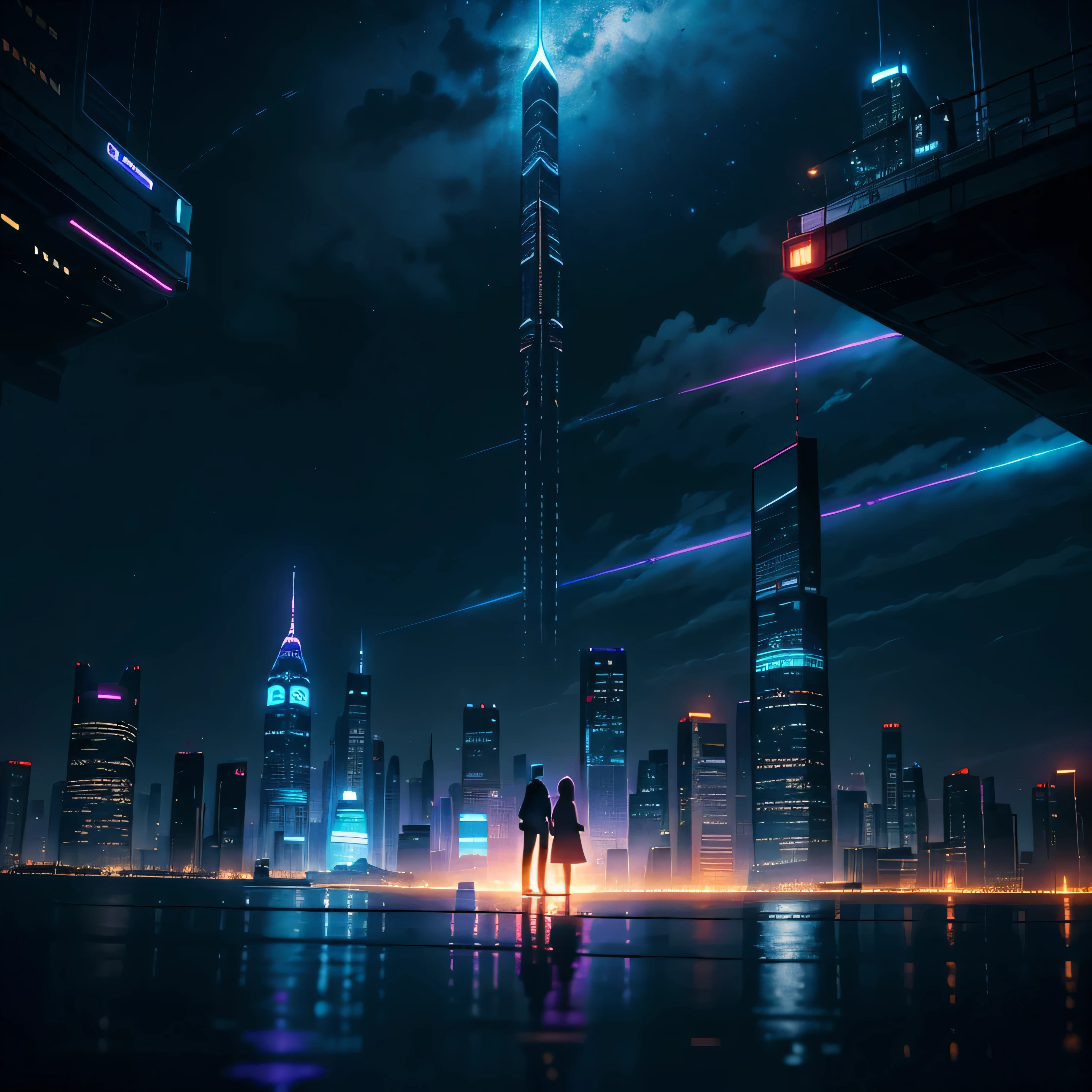 Design an intriguing cover for a science fiction novel.. The scene depicts a futuristic city at night., with glowing skyscrapers and flying cars, crossing the dark sky. In the center of the cover, a couple of main characters looking at the city from the terrace, exchanging glances, full of hope and mystery. Title of the book, "Horizons beyond," should be displayed in elegant letters, that harmonize with the city lights.. The color palette consists predominantly of dark blue., deep purple shades, and neon accents. This is a portrait of the relationships between the characters and the possibilities of the world around them... Detailed digital illustration, --every 16:9 --In the 5th.