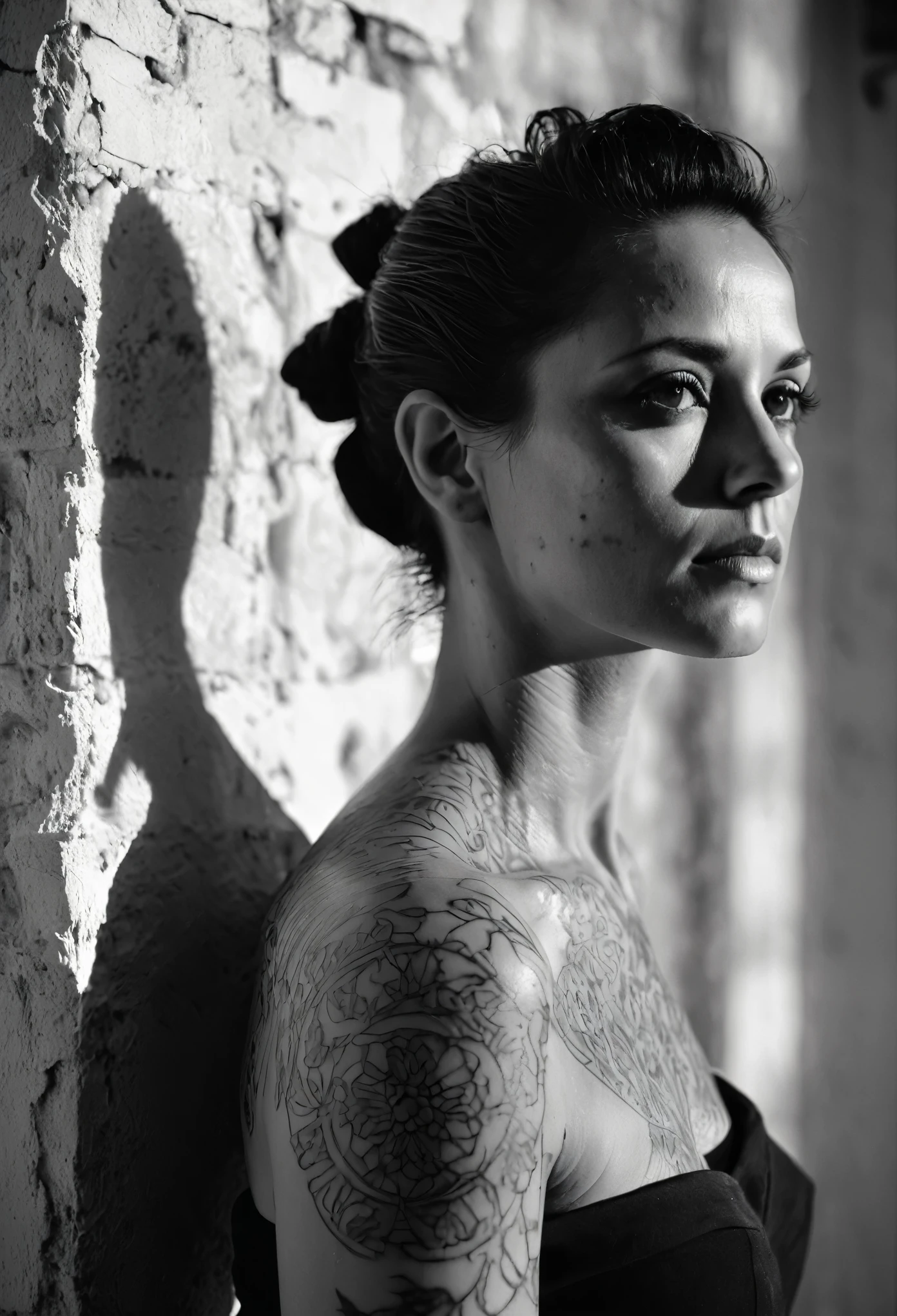 shadow of Venetian blinds projected on the face, (stern look),(bare shoulders), (monochrome), (portrait), (closeup), cinematic film, 45 year old woman leaning at white primed old rough wall of an italian house with few brown bricks partially exposed, ((small elegant tattoo on her shoulder)), messy hair bun, looking over shoulder, lighting from the side, shadows, femme fatale, lips, eyelashes, profile, realistic, shallow depth of field, vignette, highly detailed, high budget, bokeh, cinemascope, moody, epic, gorgeous, film grain, grainy, burlesque, (natural skin), casting shadow style, cucoloris patterned illumination