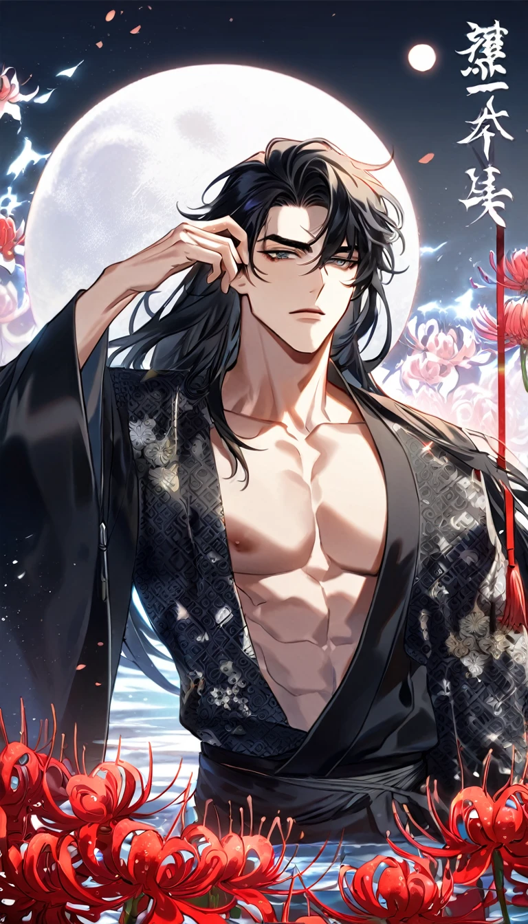 (absurdres, highres, ultra detailed, HDR) master piece, best quality, perfect face, delicated features, Yoo Joonghyuk with long hair, black hair, expressive gray eyes, Omniscient reader's viewpoint, solo, sexy man, handsome, toned chest, black kimono with accessories, patterns, red spider lilies, water, magical moon