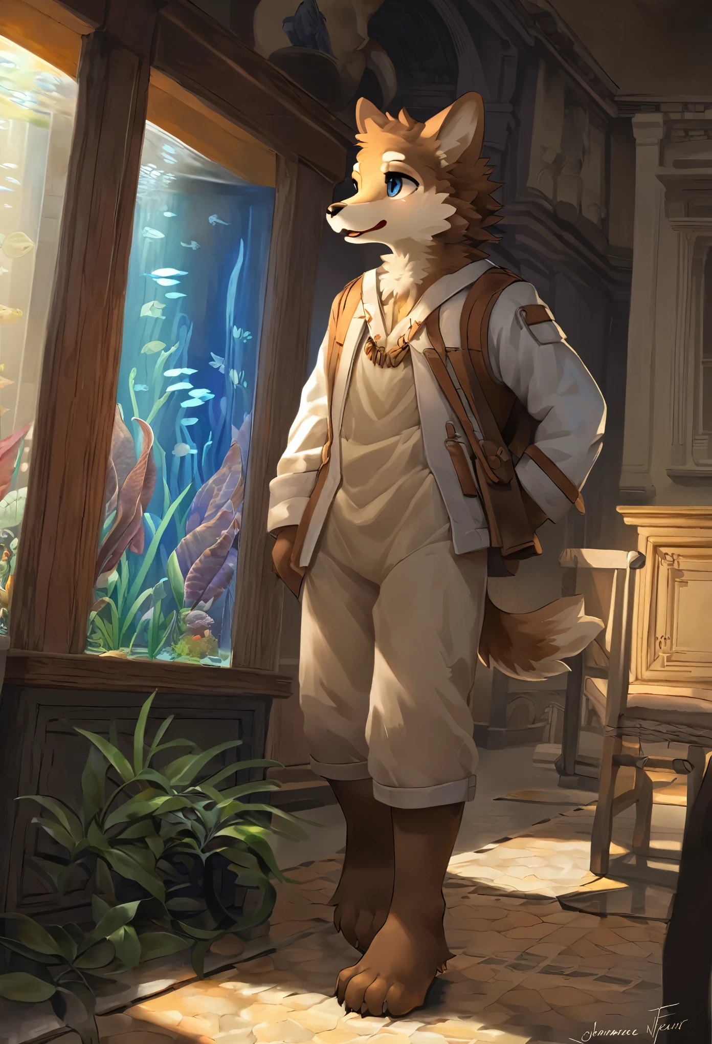 top quality, best quality, High-quality illustrations by Michelangelo, by Johannes Vermeer, masterpiece, super high resolution, detailed background,(textile art, nightwear, surrounded cistern, transparent aquarium, aquatic plants, fluorescent lamp, caustics surface)(reflecting, refraction, polarization:1.2)(highly detailed beautiful face and eyes)absurdres, perfect anatomy(handsome 1boy, kemono, solo focus, Adventurer, Archaeologist)(furry)(furry anthro:1.7)(Furry body, dog facial features, dog body features)(very detailed body fur)full body, expressionless, closed mouth, antique furniture, shaded face,