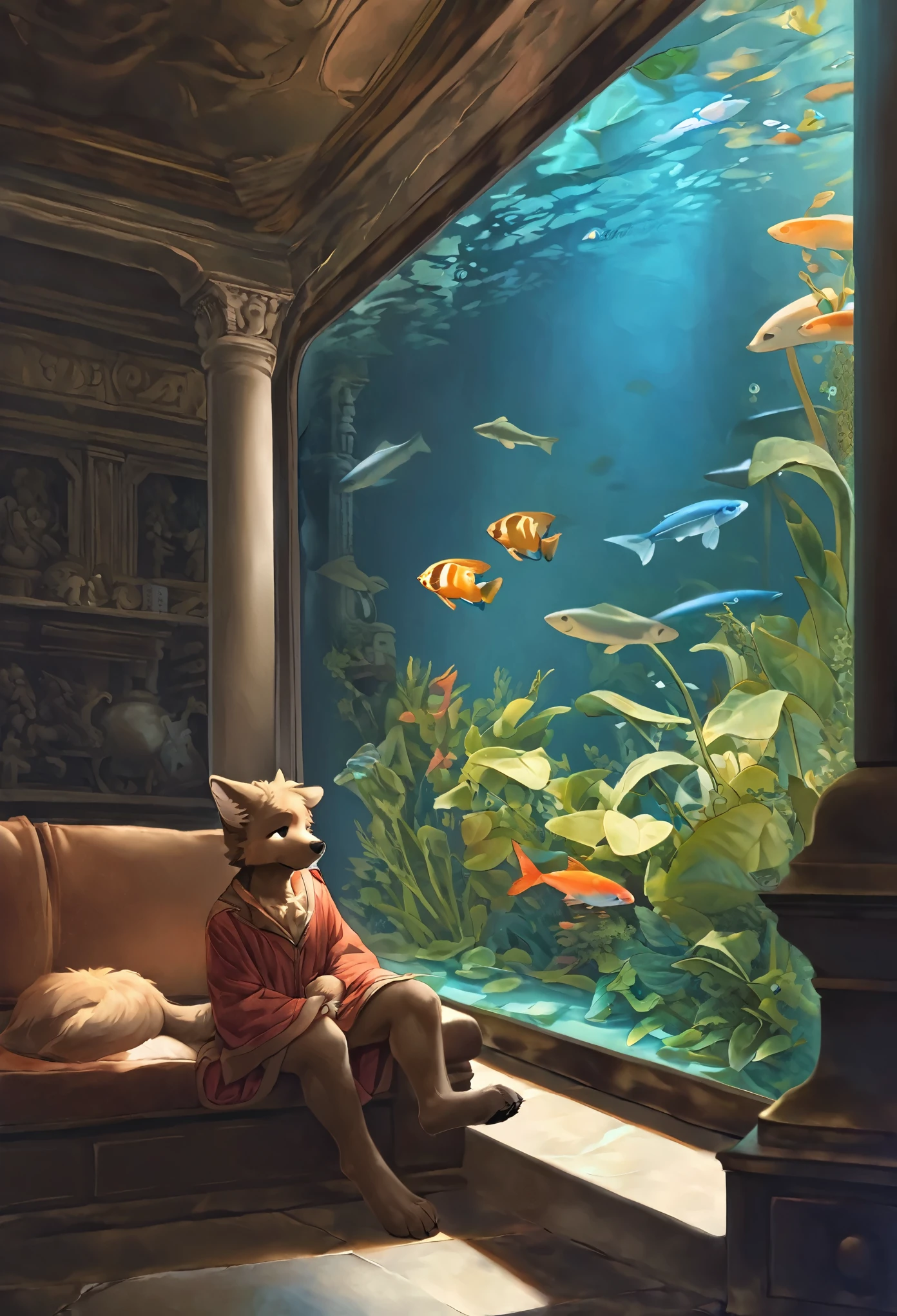 highres, paid reward available, unparalleled masterpiece, High-quality illustrations by Michelangelo, by Johannes Vermeer, super high resolution, detailed background(textile art, nightwear, surrounded cistern, transparent aquarium, aquatic plants, fluorescent lamp, caustics surface)(reflecting, refraction, polarization:1.2)absurdres, perfect anatomy(handsome 1boy, kemono, solo focus, Adventurer, Archaeologist)(furry)(furry anthro)(Furry body, dog facial features, dog body features)(very detailed body fur)full body, antique furniture, shaded face,