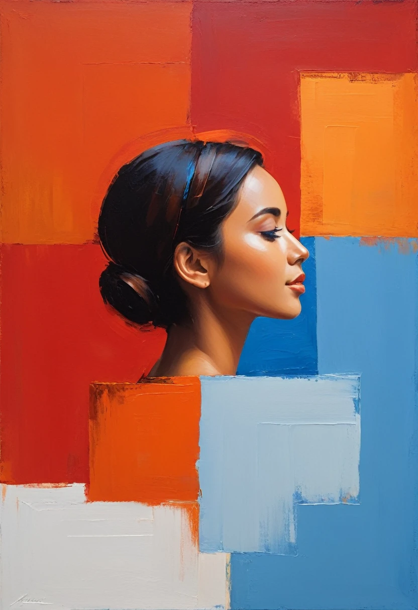 Create a serene profile portrait with the subject facing left. Use a vibrant color palette of blues, reds, and oranges. The background should be minimalistic in cool blue tones. Employ bold, visible brush strokes and the impasto technique for texture. Blend realism with abstraction, emphasizing strong contrasts and dynamic color blocking. Aim for a modern, contemplative feel.