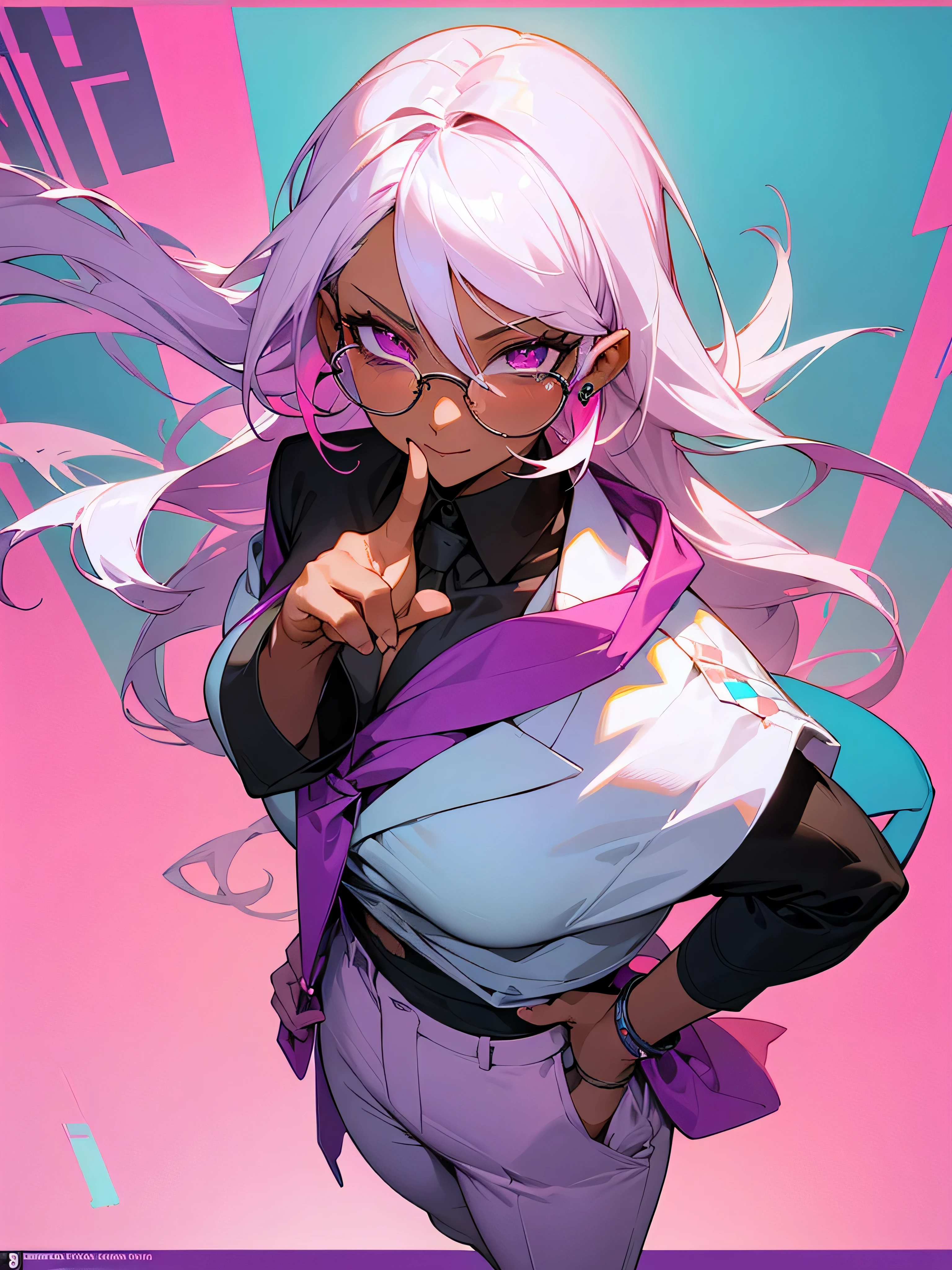 masterpiece, 1 woman, adult, (dark skinned woman), white hair, pink hair, colorful hair, tied up long hair, purple eye, (glasses), (white shirt, suit pants), tie, earring, Pointing the finger at the audience, Focus on your fingertips, Protruding breasts, Suspicious smile, mischief, Confident, Background with text, Poster,　from above,