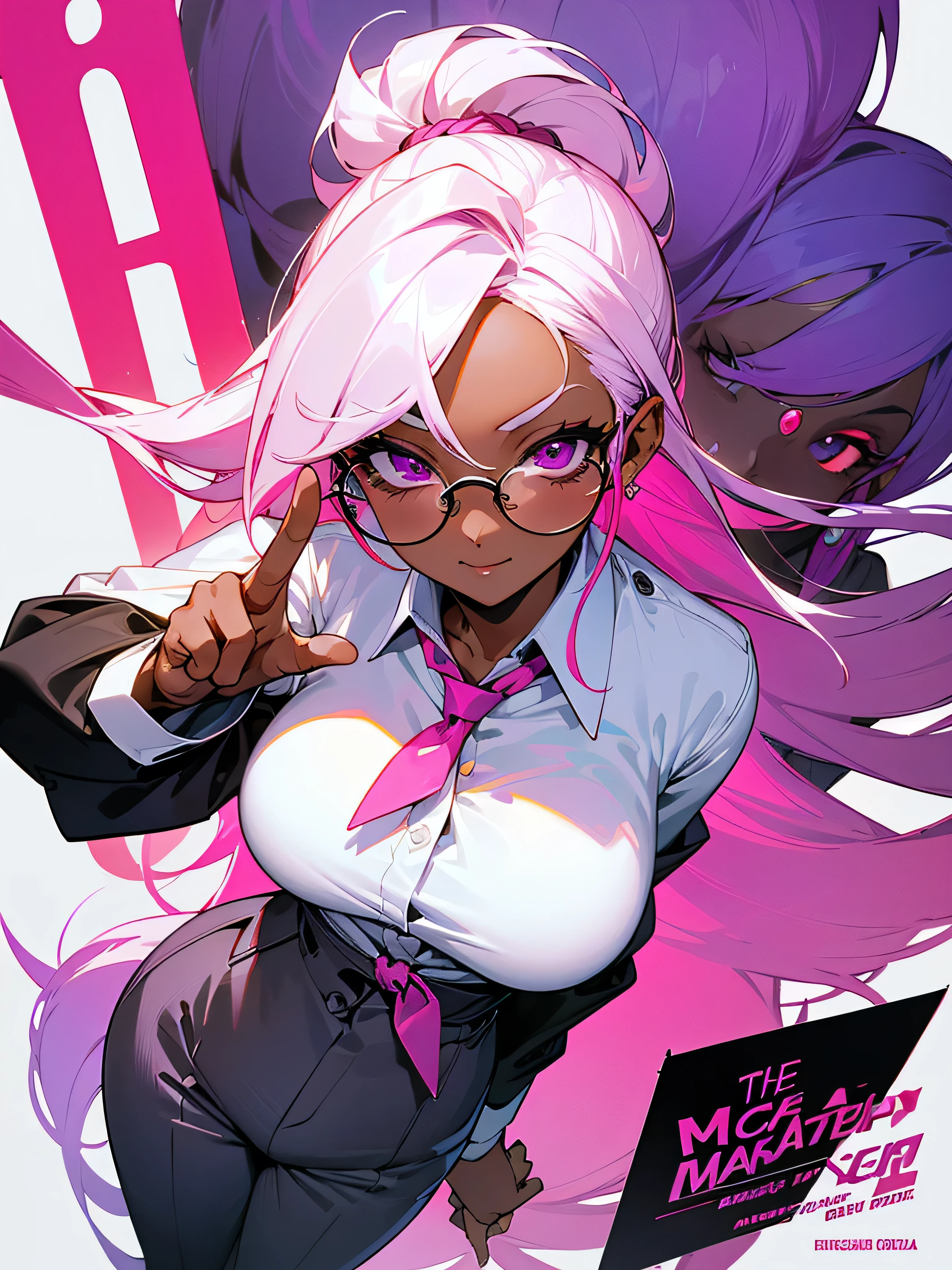 masterpiece, 1 woman, adult, (dark skinned woman), white hair, pink hair, colorful hair, tied up long hair, purple eye, (glasses), (white shirt, suit pants), tie, earring, Pointing the finger at the audience, Focus on your fingertips, Protruding breasts, Suspicious smile, mischief, Confident, Background with text, Poster, from above,
