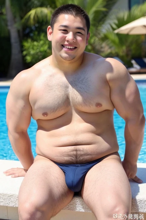 ((highest quality)), ((masterpiece)), (detailed), Perfect Face、Shaved head、Young Japanese、Muscular、Fat body、Big guy、smile、white small swimsuit、Emphasize the chest、Thick legs、Thick arms、naked、have power、Emphasizing erect genitals