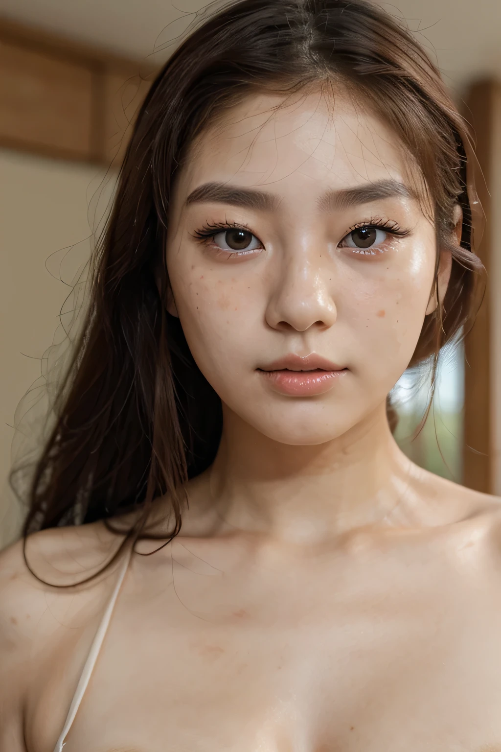 Korean girl, Realistic, mignonne, top model, photo de face, yeux kakis, detailed face, lots of freckles, sans frange, sourcils fins, petit nez, 