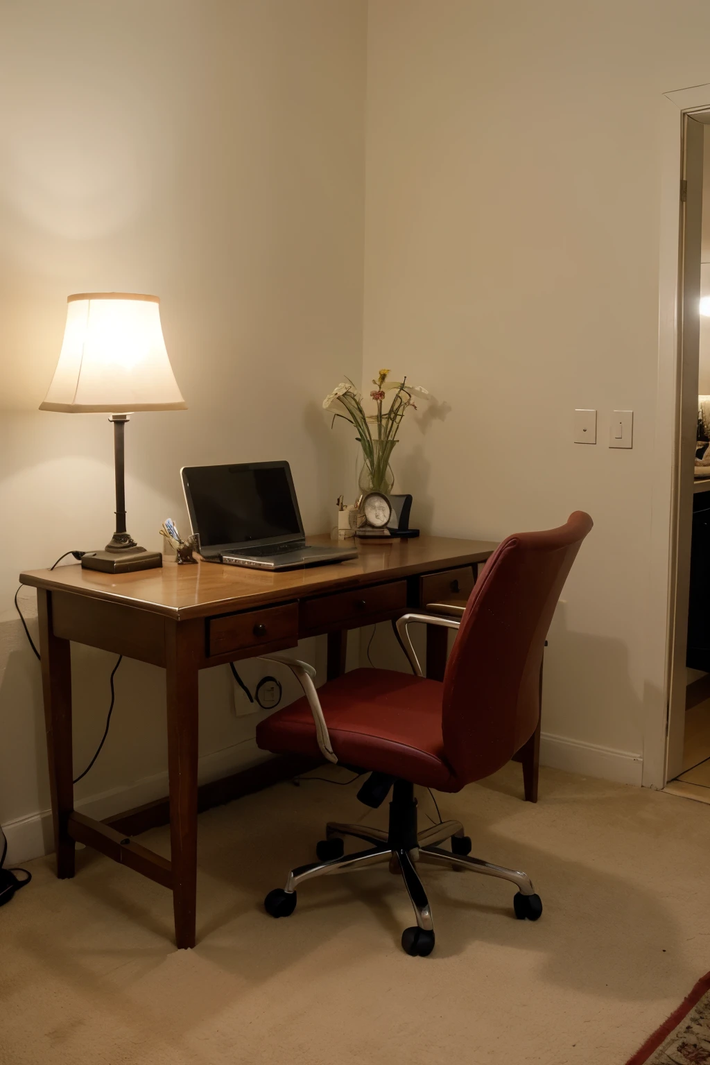 Un dormitorio grande que tenga una tele sobre una mesa, cerca de una ventana y una cama cerca a un escritorio. That the desk is on a rug and that the sofa is red, that is near a lamp and a clock on the wall, junto a la puerta.