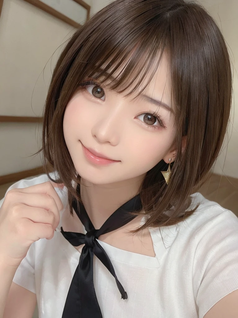 (highest quality, masterpiece), One girl, beautiful girl, Brown_eye, ((茶hair, [前hairありのピクシーカット] hair)), Earrings, lips, Short sleeve,Realistic, Tight waist, Charm, Colorful Makeup, Long eyelashes, Fair skin, (cute), (Detailed Face), 詳細ed eye, Detailed iris, Smiling face,Pose for the camera