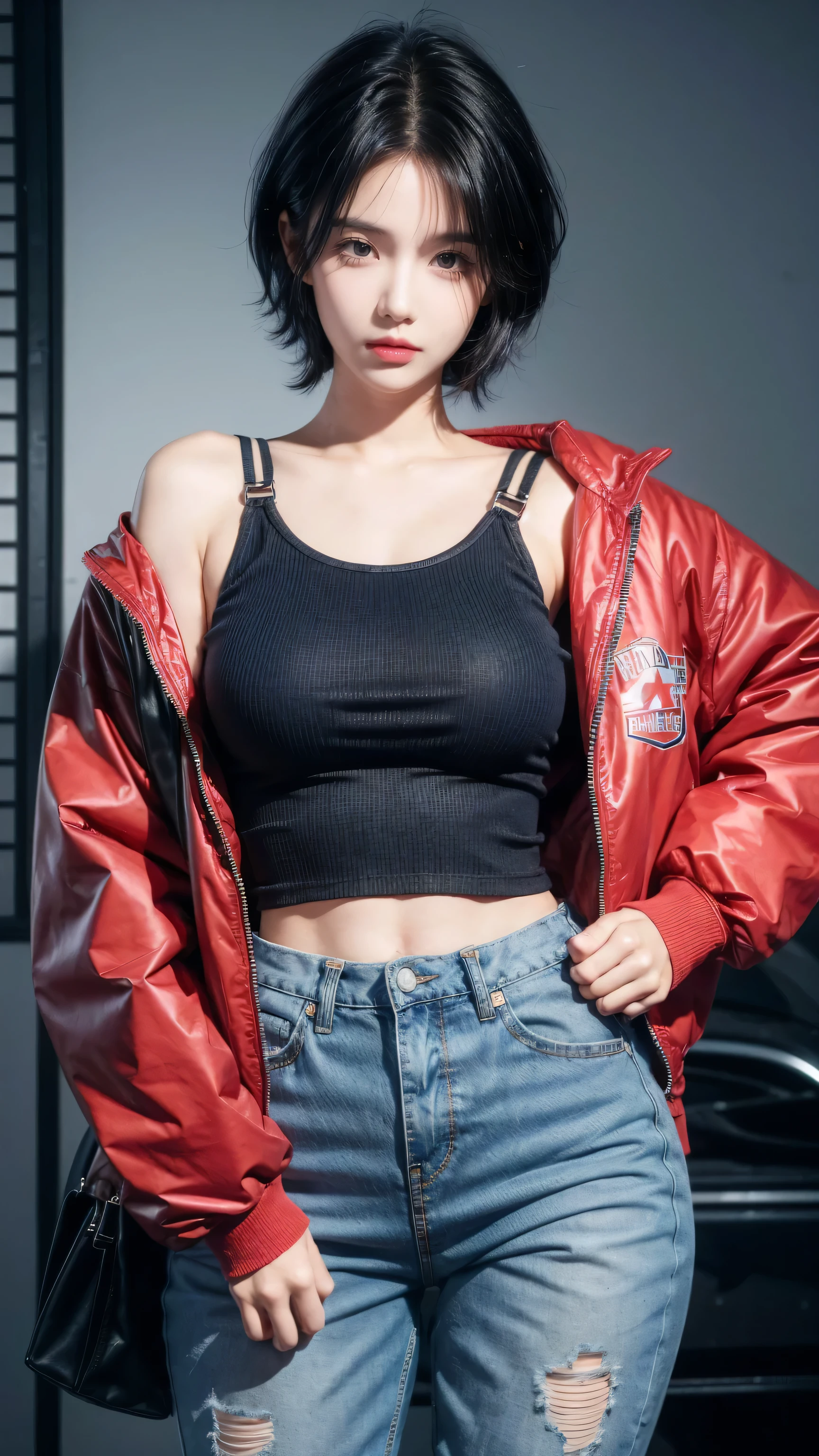 best quality, 1 Girl, dark blue hair, black eyes, Very short hair, Spiky hair, t-shirt, red down jacket , High waist short jeans, 171 cm, Messy hair, Hair between the eyes, Medium breasts, full, Tomboy, aldult, 20 years old, 1 Girl