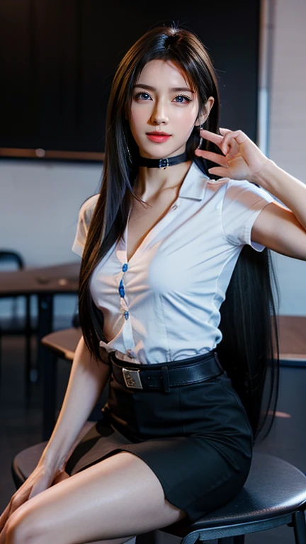 (8K,high resolution,Masterpiece, best quality, alone, complicated details, Chromatic aberration), realistic, ((Moderate breath)), hair in one eye,purple eyes, round hoop earrings, sharp eyes, Diamond-encrusted choker, (symmetrical eyes),(Perfect symmetrical body),Photo of a beautiful 21 year old age girl,(fit the body), ,Beautiful and charming with contemporary fashion paintings as well...., looking at the audience, ((In the background of a large classroom)), (black short skirt), ((The young woman wore a form-fitting white short-sleeved shirt., Unbuttoning the buttons, Revealing a little breast,Blue short sleeve lab coat)), ((A short black pencil skirt with a deep slit on the side..)), belt, ((Put your hands down.)),Blonde hair, Bob, long hair, Lateral smoothness,,copper blonde hair, sit, sharp eyeliner, Eye shadow blush with thick eyelashes, Very delicate and beautiful, round chin, Sharp focus, elegant,sit on the study table Lift one leg to eye level., The legs are slightly separated..,dynamic gesture,