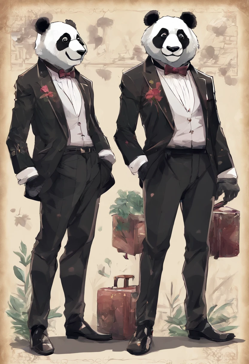 anthropomorphic panda, de cuerpo entero, vestido formalmente con un blazer, sostiene una bandeja, pegatina de panda, sticker de panda.