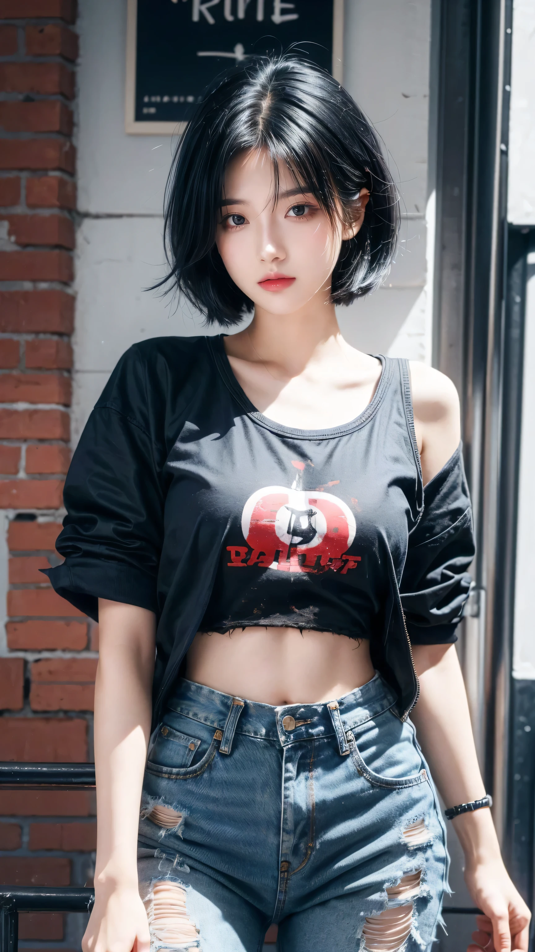 best quality, 1 Girl, dark blue hair, black eyes, Very short hair, Spiky hair, t-shirt, red down jacket , High waist short jeans, 171 cm, Messy hair, Hair between the eyes, Medium breasts, full, Tomboy, aldult, 20 years old, 1 Girl