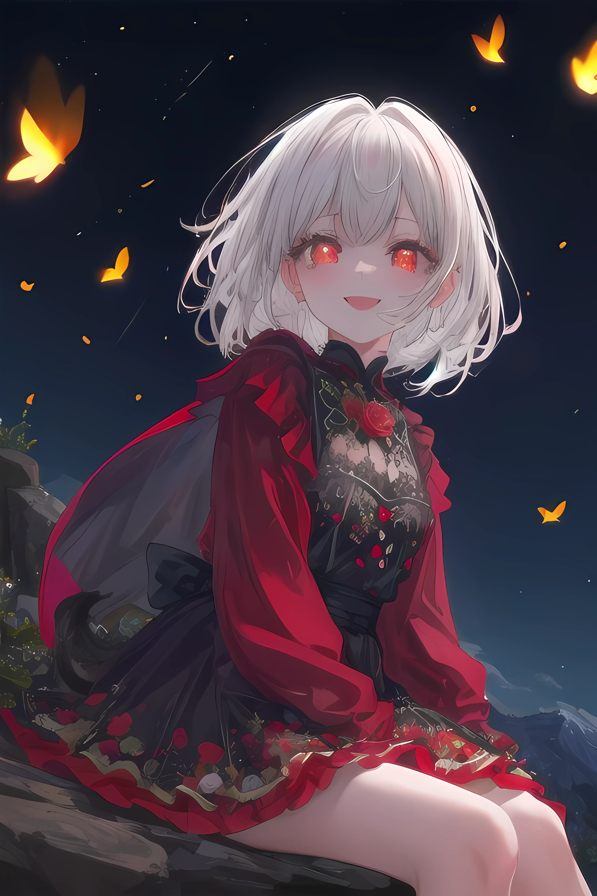 UHD, ccurate, anatomically correct, textured skin, super detail, high details, high quality, award winning, highres, masterpiece, best quality, A white-haired girl sitting on the edge of the mountain was looking up at the night sky full of stars holding roses. She has short hair with beautiful red floral ornaments and wears red and black clothes. She looks elegant and dazzling. Around him was a cat and fireflies, Wide-Angle, look at viewer, happy tears, glowing eyes