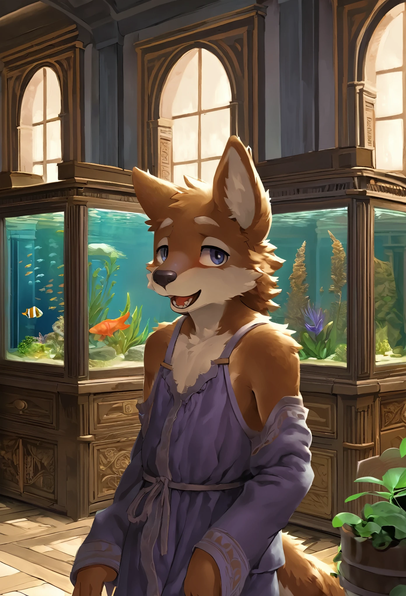 top quality, best quality, High-quality illustrations by Michelangelo, by Johannes Vermeer, masterpiece, super high resolution, detailed background,(textile art, nightwear, surrounded cistern, transparent aquarium, aquatic plants, fluorescent lamp, caustics surface)(reflecting, refraction, polarization:1.2)(highly detailed beautiful face and eyes)absurdres, perfect anatomy(handsome 1boy, kemono, solo focus, Adventurer, Archaeologist)(furry)(furry anthro:1.7)(Furry body, dog facial features, dog body features)(very detailed body fur)full body, expressionless, closed mouth, antique furniture, shaded face,