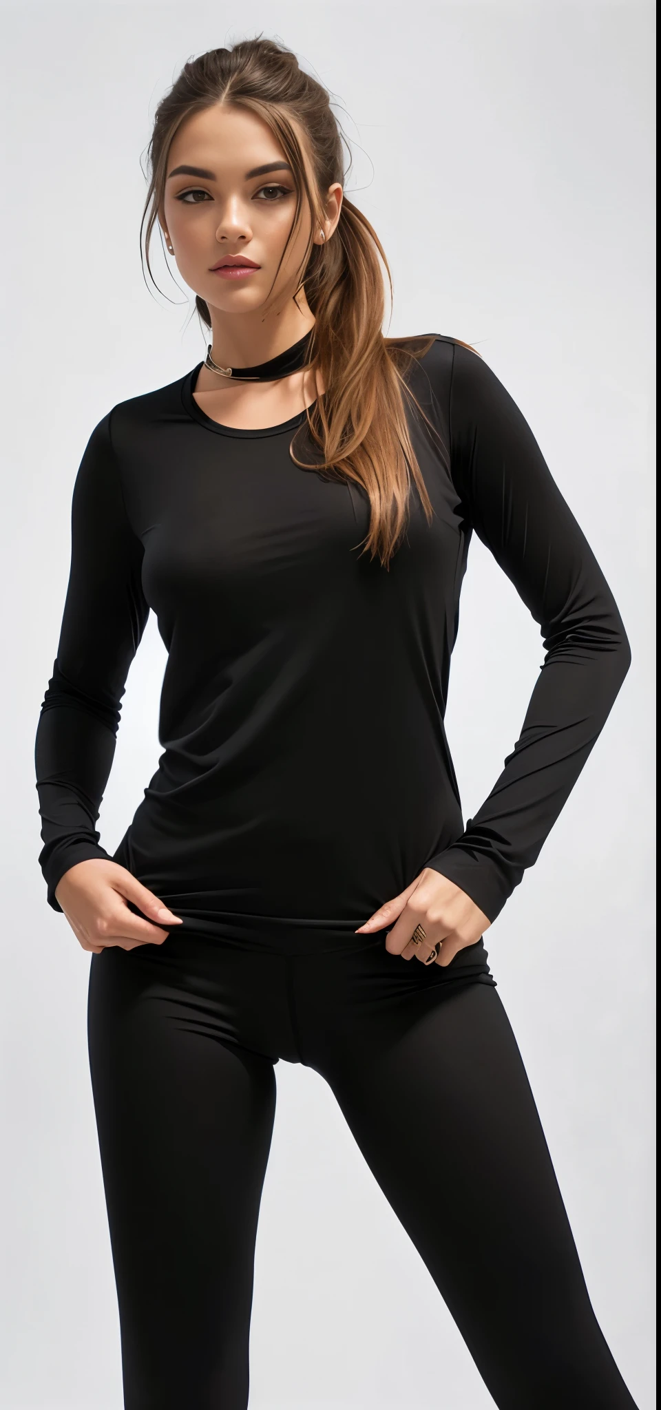 a white woman in preto top and leggings posing for a picture, wearing preto tight clothing, preto shirt, preto, Manga compridas, roupas esportivas, skintight preto clothes, preto clothing, preto shirt underneath armor, preto top, preto jersey, roupas esportivas, preto undersuit, wearing preto clothes, wearing a preto shirt, Manga comprida, preto t shirt, preto clothes