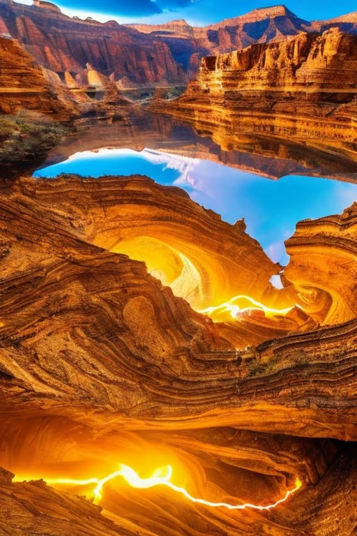 So sublime and divine々A beautiful golden dragon coiled up in the center of the screen, glaring at the camera.。The surrounding area is a canyon where no one can get close, and lightning is flashing in the background.、The sun is shining brightly