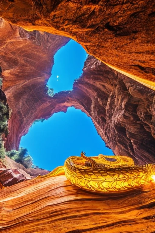 So sublime and divine々A beautiful golden dragon coiled up in the center of the screen, glaring at the camera.。The surrounding area is a canyon where no one can get close, and lightning is flashing in the background.、The sun is shining brightly