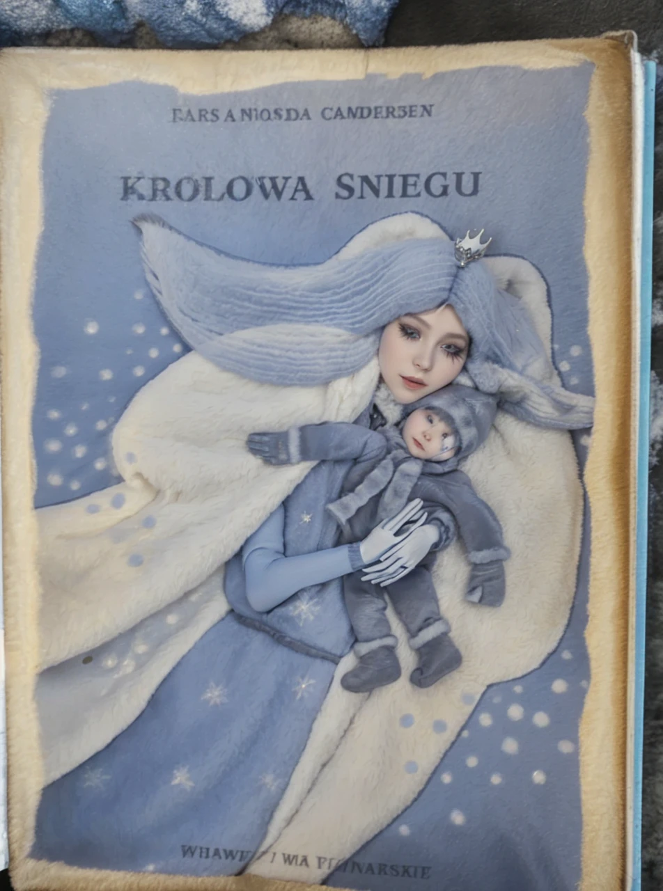 The Snow Queen from Andersen's fairytale wraps a freezing boy in her soft fox fur coat on a snowy bench. The boy's skin turns pale blue as the ice begins to freeze him, feeling the cold chills and becoming colder by the minute. The Snow Queen's luxurious fur provides a stark contrast to the child's freezing body. Imagine a snow queen in a white fur coat, imagine fur, imagine Visualize female as snow queen and little male boy,wyobraź sobie chłopiec otulony w zimne chłód białe futro, imagine Visualize snow queen in white soft fox fur coat and hug her fur