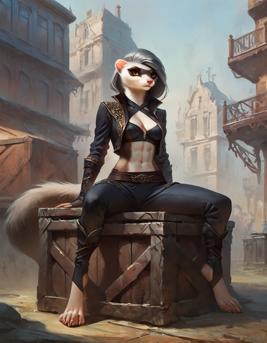 Female ferret, concept art, masterpiece, grey hair, revealing assassin outfit, feet, sitting on crate, orange eyes, midriff, subtle abs, victorian city