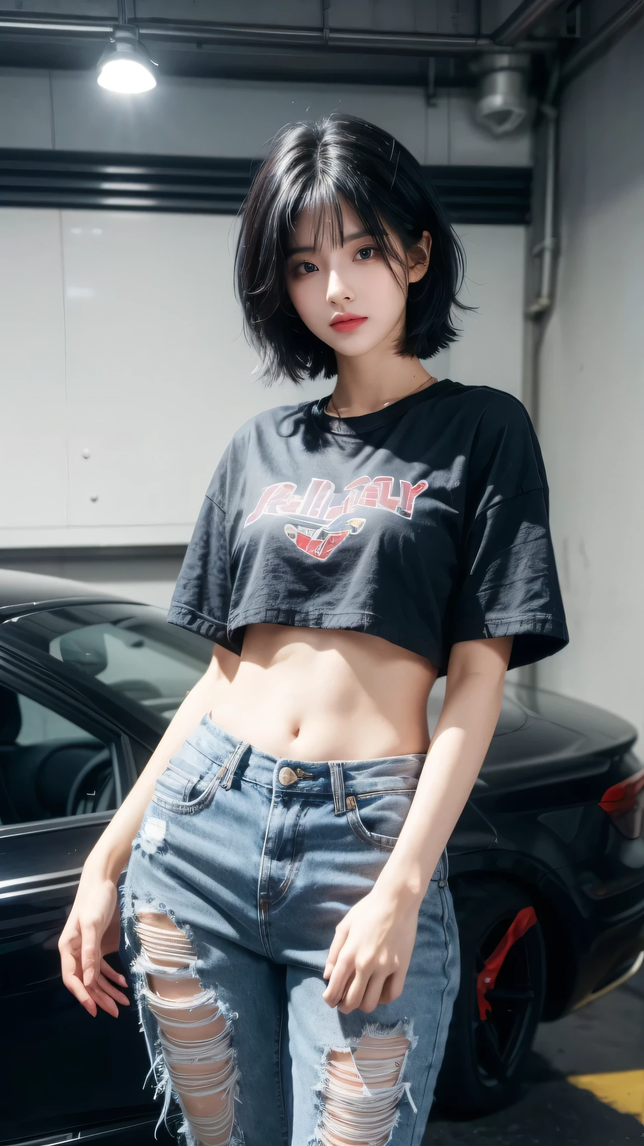 best quality, 1 Girl, dark blue hair, black eyes, Very short hair, Spiky hair, t-shirt, red down jacket , High waist short jeans, 171 cm, Messy hair, Hair between the eyes, Medium breasts, full, Tomboy, aldult, 20 years old, 1 Girl