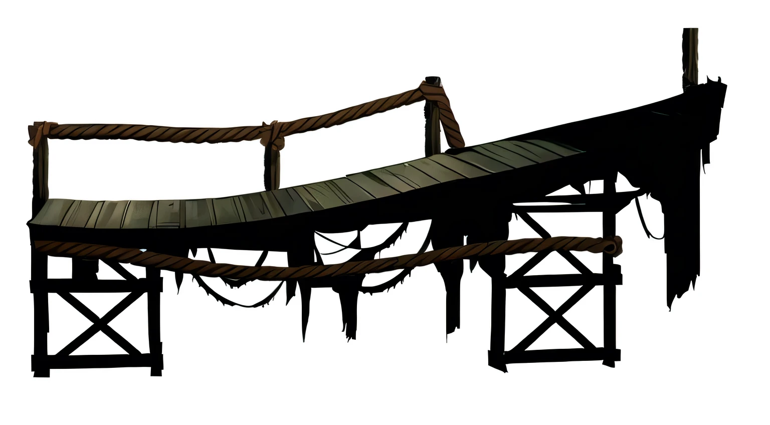 there is a boat that is tied to a pier, rope ponte, rope pontes, wooden ponte, lighting path traced, random background scene, arte conceitual, arte conceitual, arte de fundo, fortemente estilizado, arte conceitualwork, design de ambiente de jogo 2 d, arte conceitual!, curved ponte, enquadramento de cena, 2d ativo do jogo, ativo do jogo, ponte, dark arte conceitual