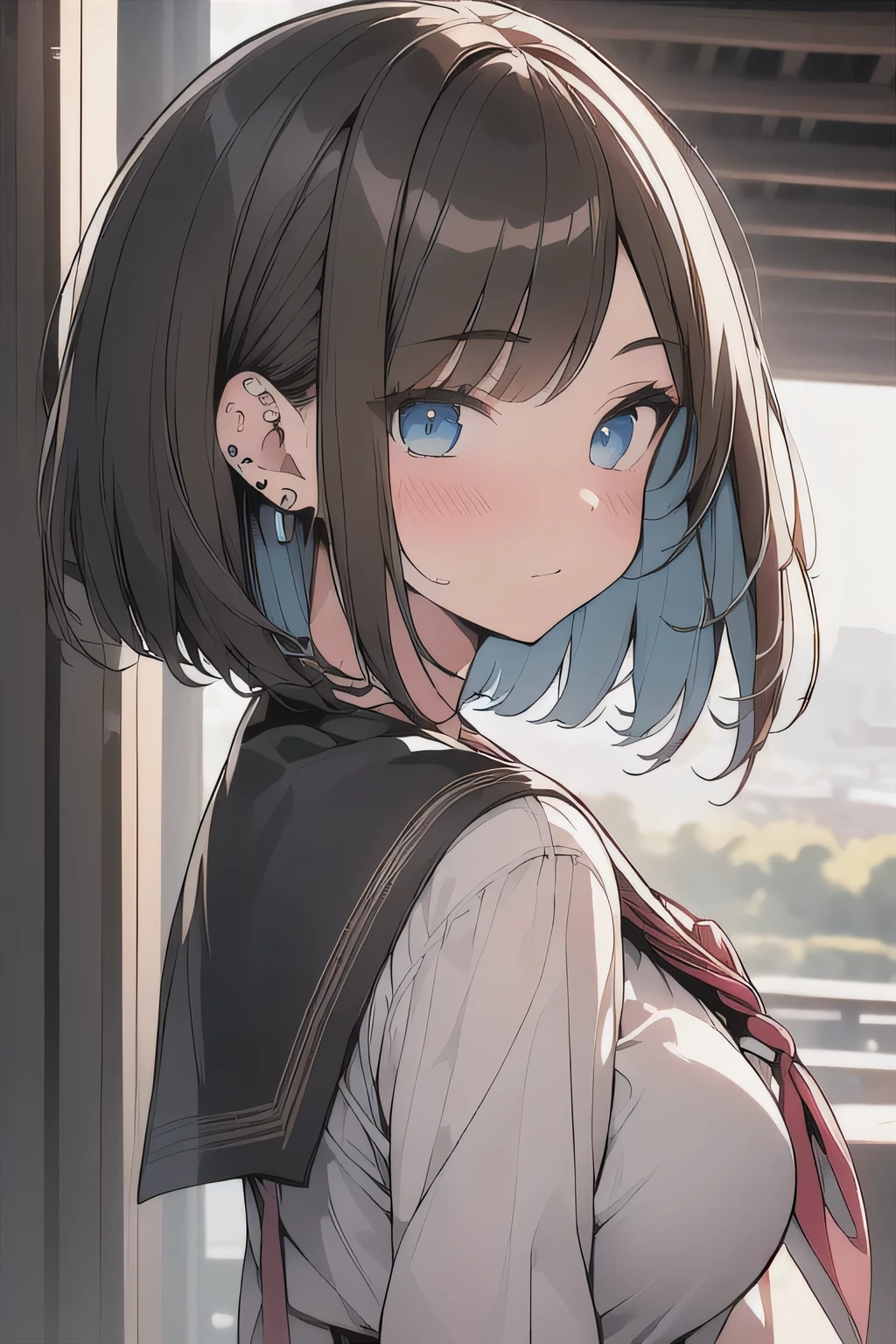 (best quality), (Super detailed), (Best Illustration), (masterpiece), (woman), (serafuku), (large breasts:1.2), {brown hair, (sideburns), (bob cut:1.3), curly hair, hairs between eyes, colored inner hair}, {(detailed eyes), blue eyes}, blush, earring, wind, panoramic view,