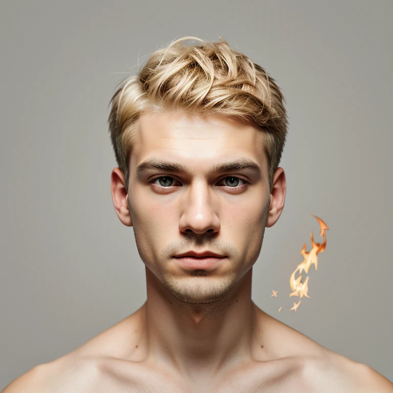 ((Abstract)) minimal rotho style art of a stunning boy blonde short buzz cut hair boy man with a fire theme,subtle colors, centralized face, minimalist, faint,