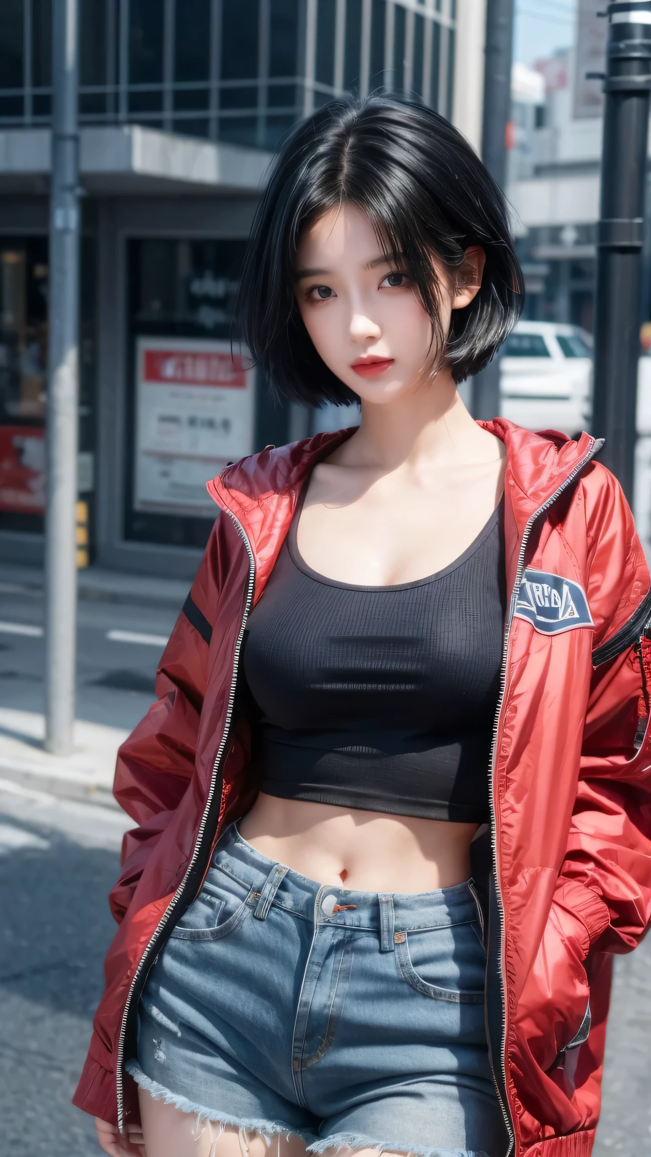 best quality, 1 Girl, dark blue hair, black eyes, Very short hair, Spiky hair, t-shirt, red down jacket , High waist short jeans, 171 cm, Messy hair, Hair between the eyes, Medium breasts, full, Tomboy, aldult, 20 years old, 1 Girl