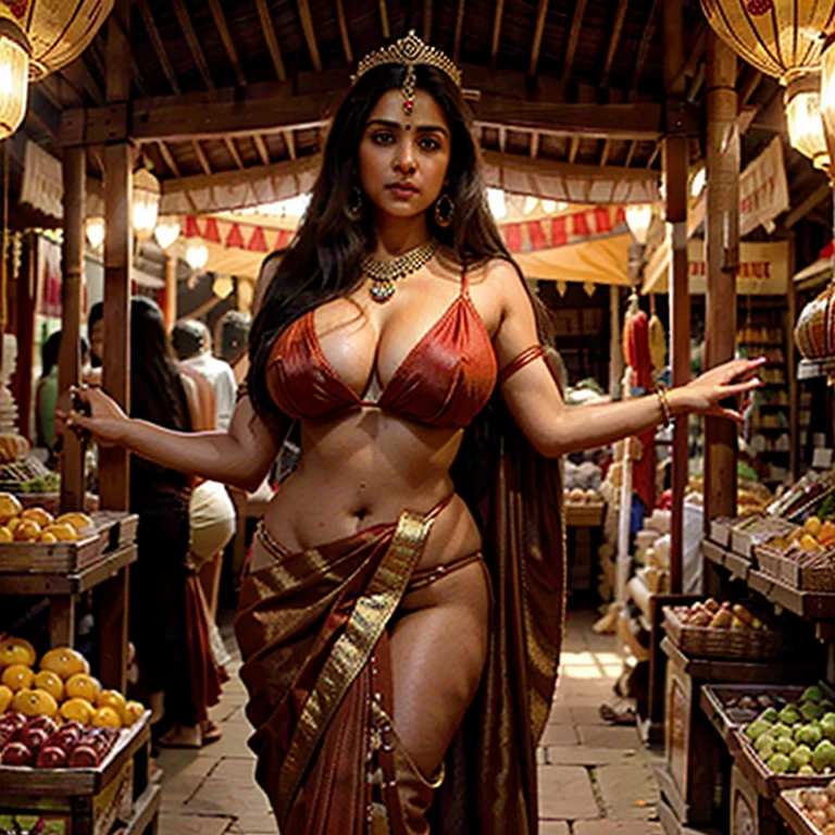 Queen draupadi, crown, jewellery, beautiful symmetrical face, big brown eyes, long silky hair, ripped red saree,humongous breasts, curvy waist, massive ass, long beautiful legs, public market, ancient Indian village
