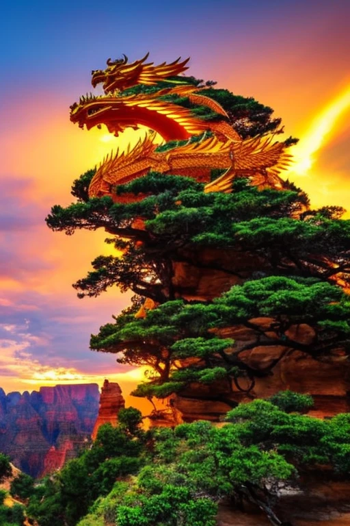 So sublime and divine々A beautiful golden dragon coiled up in the center of the screen, glaring at the camera.。The surrounding area is a canyon where no one can get close, and lightning is flashing in the background.、The sun is shining brightly