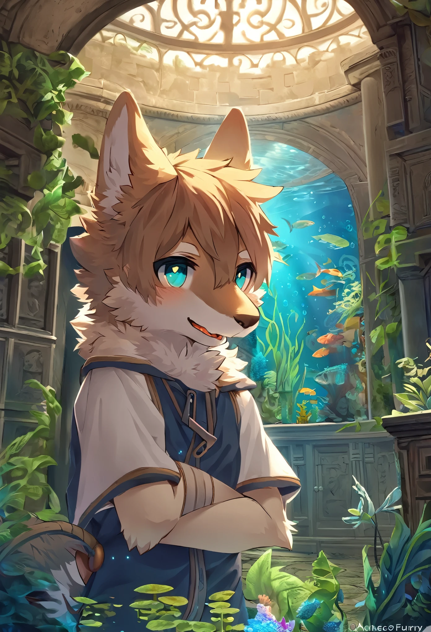 top quality, best quality, High-quality illustrations, masterpiece, super high resolution, detailed background,(textile art, nightwear, surrounded cistern, transparent aquarium, aquatic plants, fluorescent lamp, caustics surface)(reflecting, refraction, polarization:1.2)(highly detailed beautiful face and eyes)absurdres, perfect anatomy(handsome 1boy, kemono, solo focus, Adventurer, Archaeologist)(furry)(furry anthro:1.7)(Furry body, dog facial features, dog body features)(very detailed body fur)full body, expressionless, closed mouth, antique furniture, shaded face,