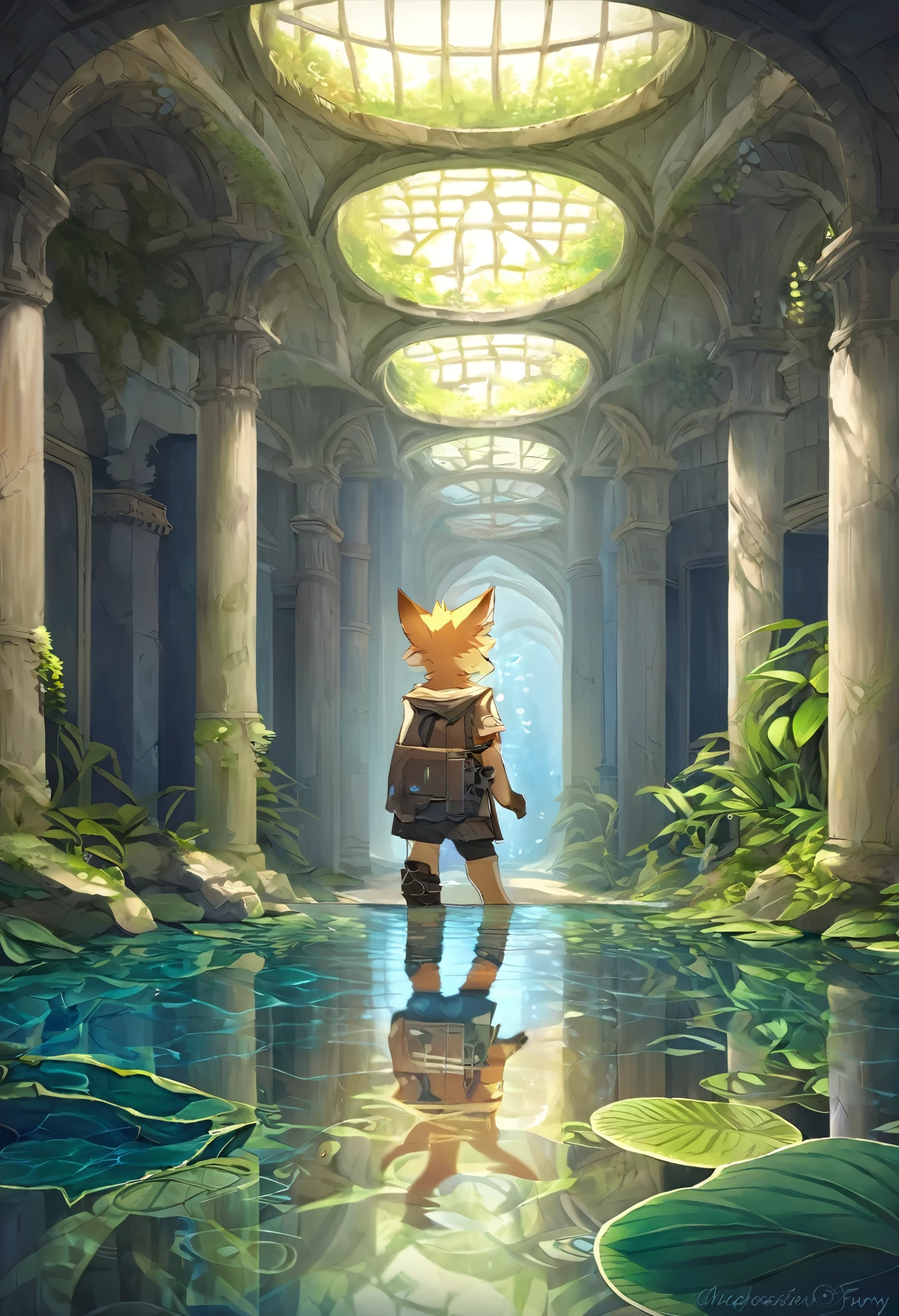 top quality, best quality, High-quality illustrations, masterpiece, super high resolution, detailed background,(textile art, nightwear, surrounded cistern, transparent aquarium, aquatic plants, fluorescent lamp, caustics surface)(reflecting, refraction, polarization:1.2)(highly detailed beautiful face and eyes)absurdres, perfect anatomy(handsome 1boy, kemono, solo focus, Adventurer, Archaeologist)(furry)(furry anthro:1.7)(Furry body, dog facial features, dog body features)(very detailed body fur)full body, expressionless, closed mouth, antique furniture, shaded face,