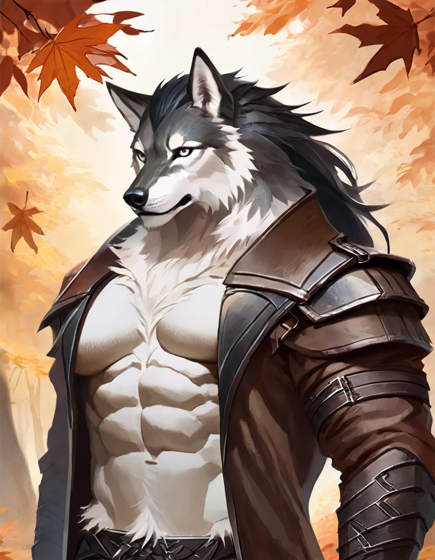male white furred wolf, anime concept art, grey eyes, long black hair, muscular, autumn forest, fantasy aesthetic, solo, leather clothes, midriff, closeup