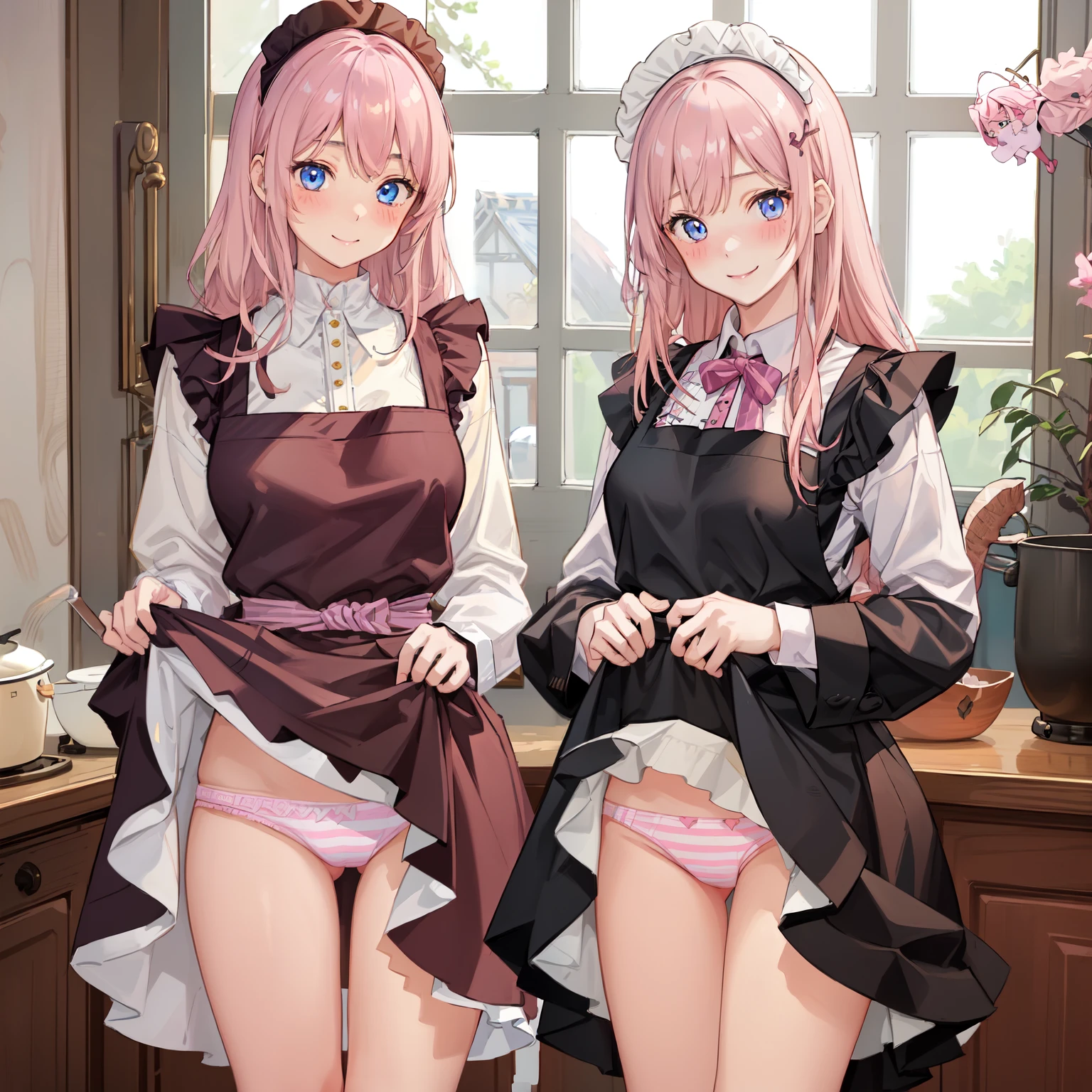 highest quality、masterpiece、((2 girls:1.5))、((smile:1.3))、(blush:1.3)、Black Shirt、blouse、((fun!!))、(Small breasts)、()、Blonde、(Long sleeve)、((White apron:1.5))、((Maid))、((hair ornaments)),、Kamimei、look at me、 ((in house:1.5))、 Taking a break from watching the audience、Cowboy Shot、(Skirt lift:1.3),(Highly detailed pink striped panties:1.3)、(Highly detailed panties:1.3)、、(スカート that rolls up:1.3)、(Panties fully exposed:1.5)、Light blue eyes、long hair、Glowing Eyes