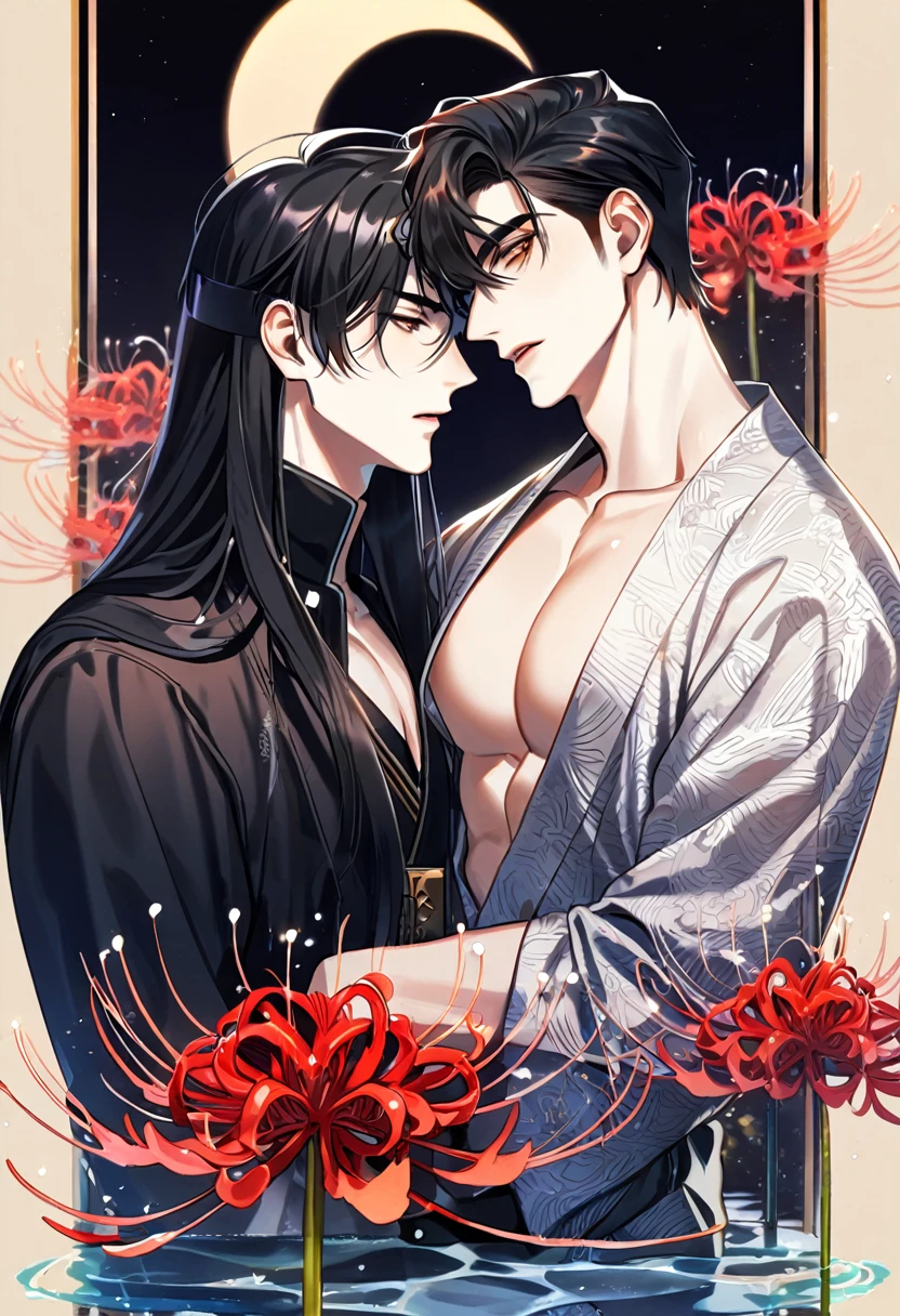 (absurdres, highres, ultra detailed, HDR) master piece, best quality, perfect face, delicated features, straight black hair, Kim Dokja x Yoo Joonghyuk with long hair, expressive brown eyes, Omniscient reader's viewpoint, two sexy men, handsome, gay couple, yaoi, toned chest, black kimono with accessories, patterns, red spider lilies, water, magical moon