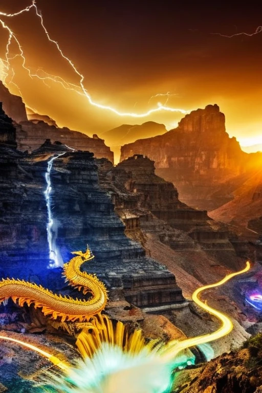 So sublime and divine々A beautiful golden dragon coiled up in the center of the screen, glaring at the camera.。The surrounding area is a canyon where no one can get close, and lightning is flashing in the background.、The sun is shining brightly