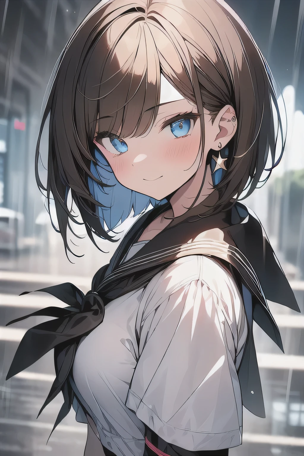 (best quality), (Super detailed), (Best Illustration), (masterpiece), insane detail, score_9, score_8_up, score_7_up, 4k, 
(woman), (serafuku), (large breasts:1.2), {brown hair, (sideburns), (bob cut:1.3), curly hair, hairs between eyes, colored inner hair}, {(detailed eyes), star-shaped pupils, blue eyes}, light smile, blush, earring, wind, panorama view, rain