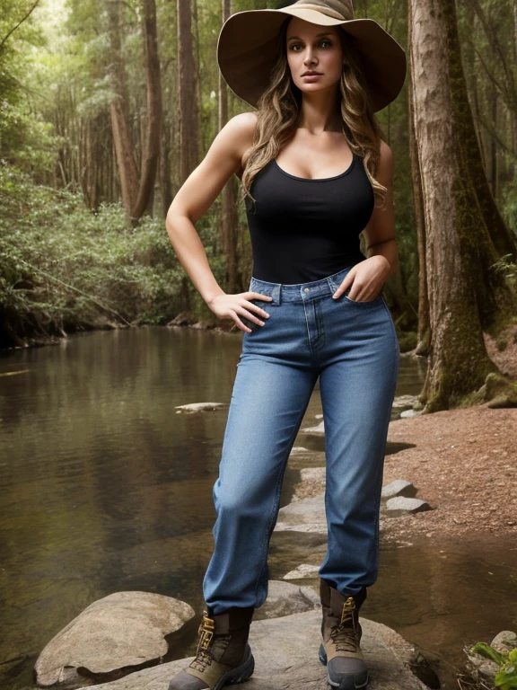 full body view, (overhead view:0.95), Natalie Portman, aged 18, young, giant tall lanky towering woman, sfw, slim slender arafed woman, soft lighting, tired, very long legs, symmetric breasts, detailed beautiful symmetric eyes, looking away, national park setting, trees, (waterfall:0.8), hills, sky, hiking, auburn hair, very long full messy wavy hair, extremely long lengthy hair, big huge enormous massive colossal breasts, gigantic sagging breasts, long tank top, loose-fit baggy denim pants, hiking boots, corduroy Australian hat, arms swinging, cleavage, skindentation, strong, (muscles)
