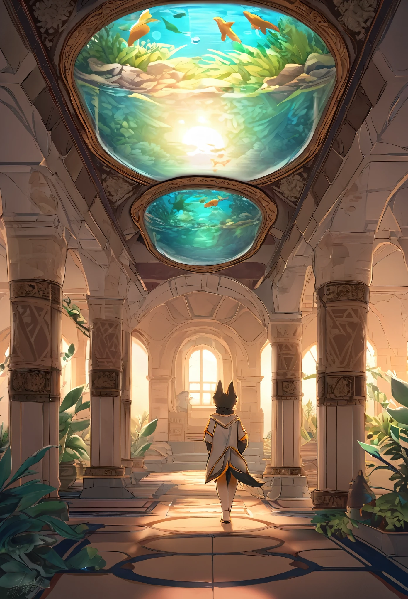 highres, paid reward available, unparalleled masterpiece, High-quality illustrations, super high resolution, detailed background(textile art, nightwear, surrounded cistern, transparent aquarium, aquatic plants, fluorescent lamp, caustics surface)(reflecting, refraction, polarization)absurdres, perfect anatomy(handsome 1boy, kemono, solo focus, Adventurer, Archaeologist)(furry)(furry anthro)(Furry body, dog facial features, dog body features)(very detailed body fur)full body, antique furniture, shaded face,
